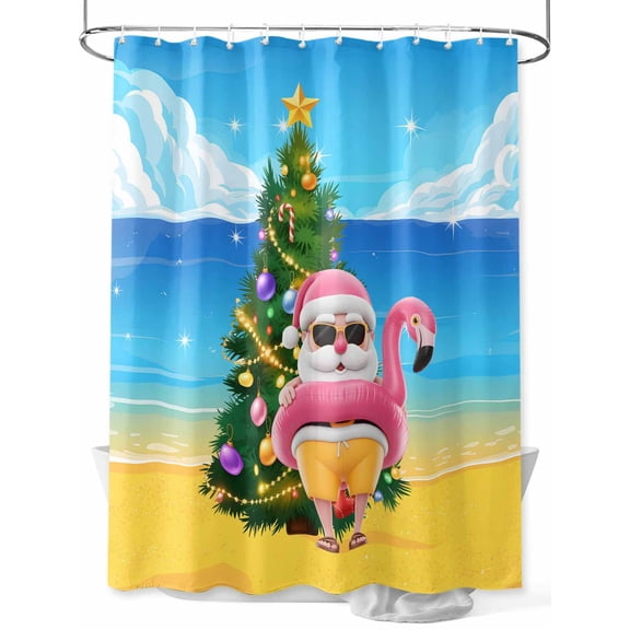 Fsddascl Coastal Christmas Shower Curtain Set - Extra Long 72" x 96" Washable Bathtub Curtain with 12 Hooks, Flamingo Santa Ocean Beach Nautical Waterproof Fabric Stall Shower Curtains for Bathroom