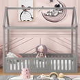 thumbnail image 2 of Twin Size House Bed, Gray, Fence And Door - Strong Pine Wood Bed In Gray With & Construction, 2 of 7
