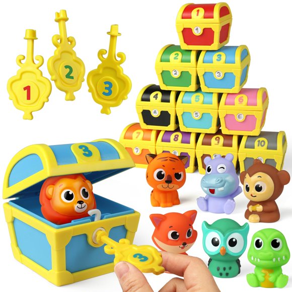 Coogam Jouets de Motricité Fine pour Tout-Petits, 10 Pcs Animaux Surprise Marionnettes à Doigts Trésor avec Verrous de Chiffres, Jeu de Chasse Pirate Assorti, Cadeau Montessori Éducatif pour Enfants