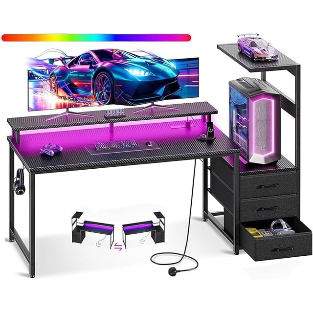 Escritorio con Cajón y Repisa, 150×50 cm Escritorio Gamer con LED RGB y Soporte para Monitor, Mesa de Computadora con 3 AC + 2 USB
