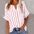 thumbnail image 2 of LEKWK Linen Button Down Shirt Women Vertical Striped V Neck Work Tops Short Sleeve Tops Chest Pocket Button up Business Casual Wear, 2 of 7
