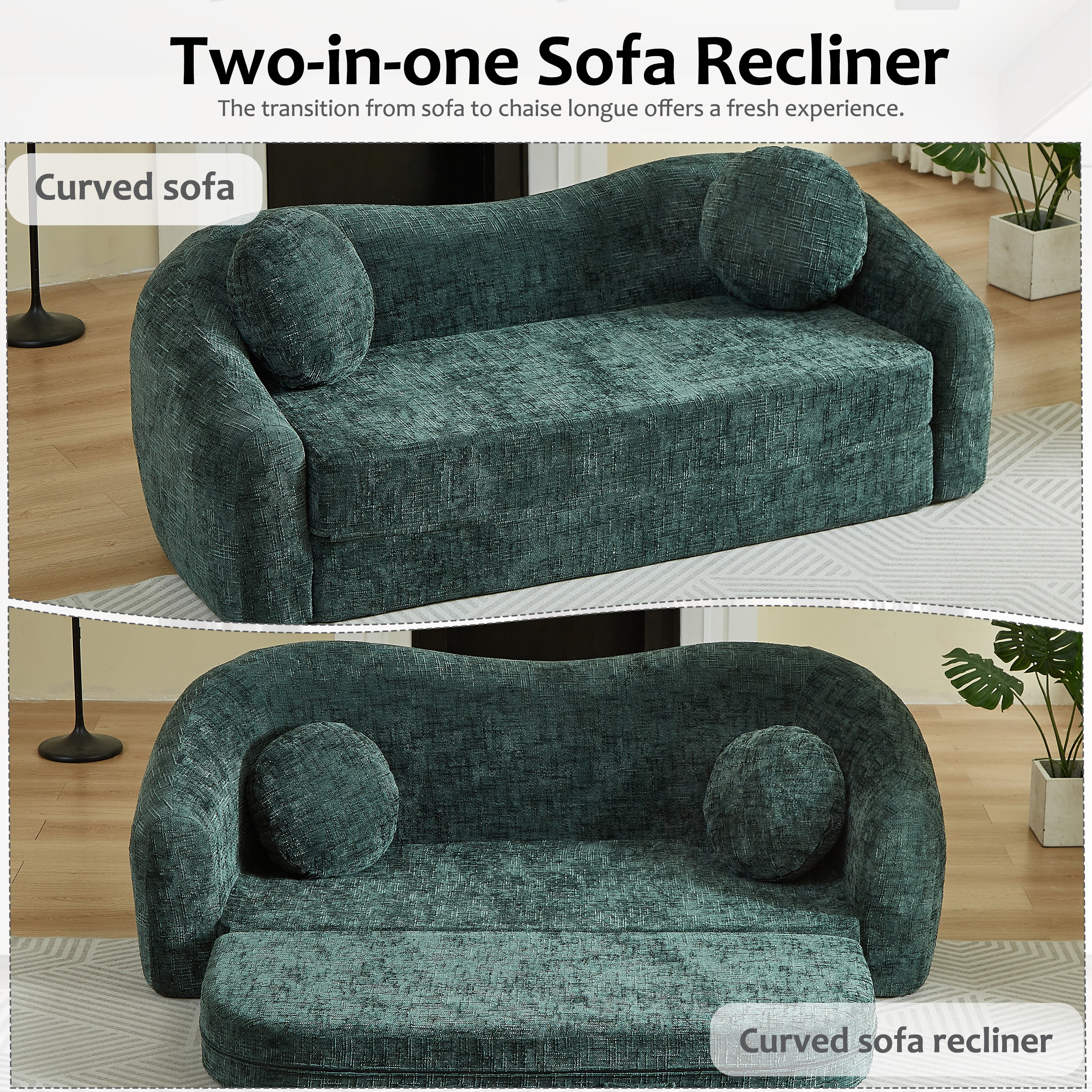 Leumius 87" Convertible Futon Sofa Bed, Corduroy Curved Boneless Couch with High Backrest, 2-in-1 Fold-Out Sleeper Sofa with Pull-out Couch Bed,Green-Round Pillow