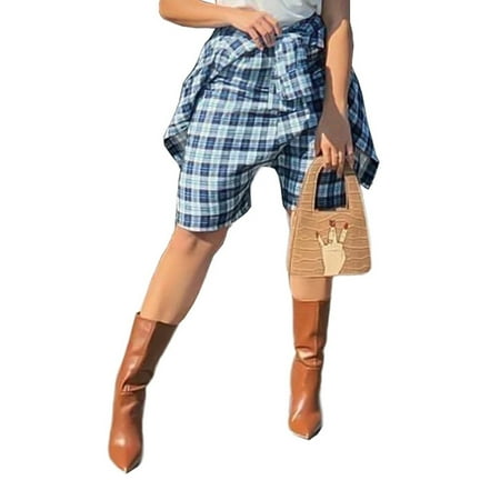 

Luckinbaby Women Casual Short Pants Plaid Fake Two-Piece Knee-Length Trousers