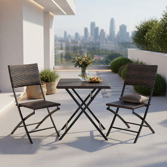 Kadyn 3-Piece Outdoor Folding Bistro Set – PE Rattan Dining Table & 2 Chairs, Compact Space-Saving Patio Furniture for Balcony, Deck or Small Backyard