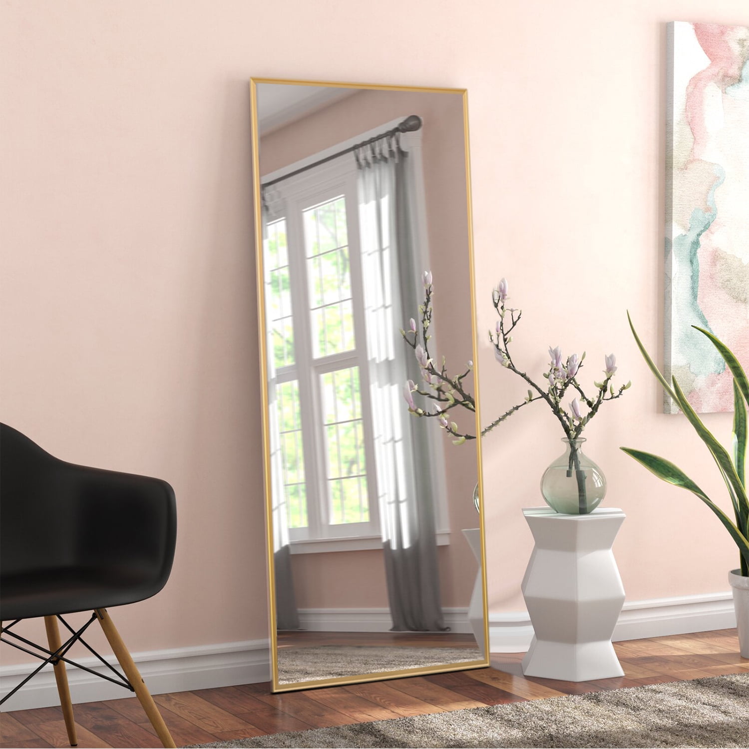 Full Length Standing Floor Mirror with Aluminum Alloy Thin Frame, Gold, 65" x 22"