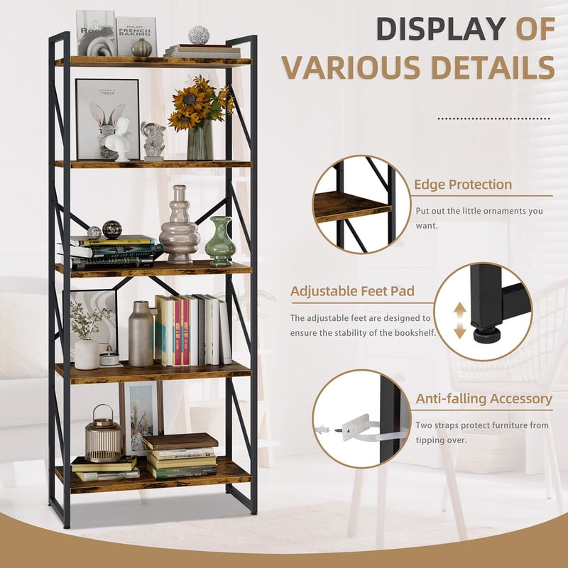 Walsunny Bookshelves Wooden Bookcases 5 Tiers H-Shaped Bookshelf with 5 Open Display Shelves Brown