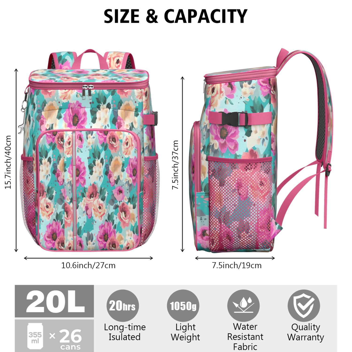 Travel Cooler Bag - Pioneer Flower Floral Print Pattern Camping Beer Cooler Backpack with Bottle Opener- Waterproof Insulated Picnic Backpacks - Cooler Bag for Beach