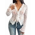 thumbnail image 2 of Women'S V Neck Lace Sheer Top Mesh See Through Shirts Open Front Tie Long Sleeve Blouses Y2k Going Out Tops Pink XL, 2 of 10