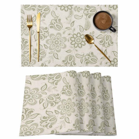 Green Flowers Placemats Set of 6, Vintage Country Ethnic Tribal Artwork Placemats for Dining Table, Place Mats for Kitchen Tabletop, Waterproof Wipeable Dining Table Mats Set