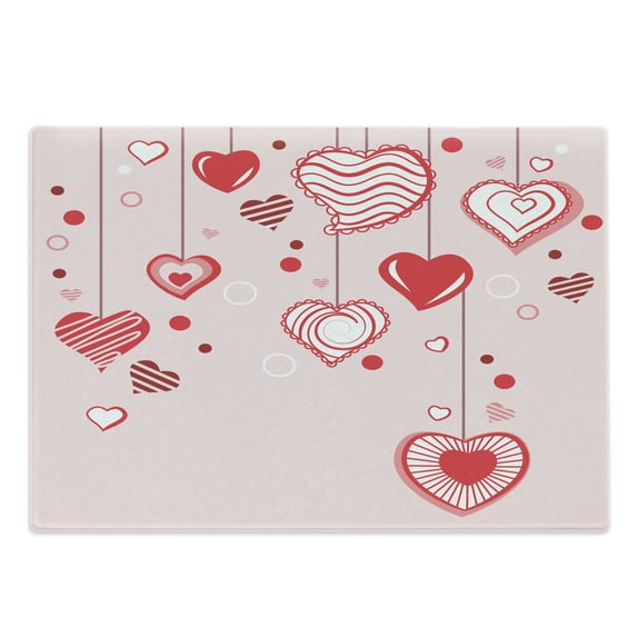 Love Cutting Board, Contour Hearts Hanging on Strings Romantic Anniversary Celebration Happy Print, Decorative Tempered Glass Cutting and Serving Board, Large Size, Rose Red Pink, by Ambesonne