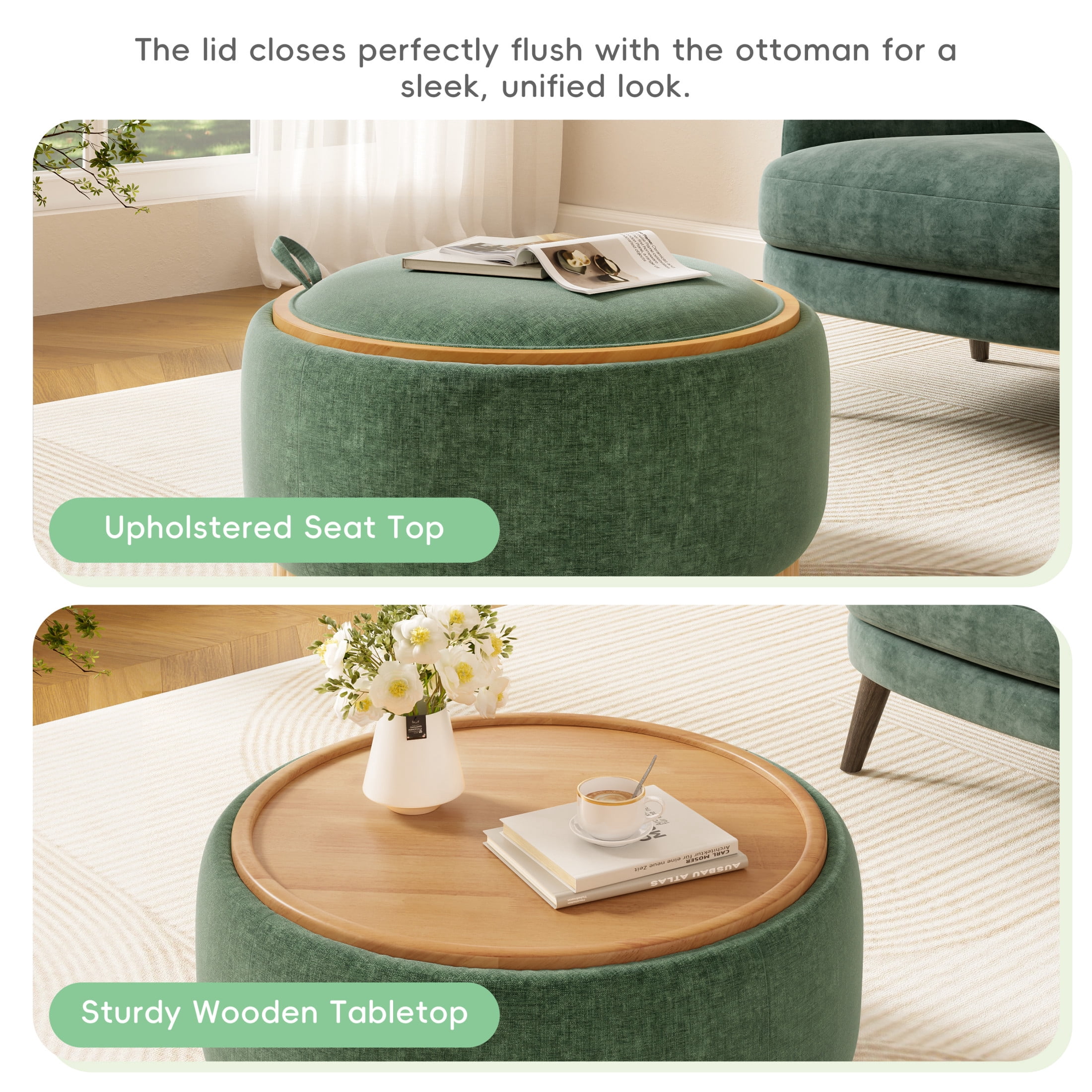 Noble House 29" Round Storage Ottoman with Reversible Wood Tray Lid and Base, Chenille Upholstered Footrest, Green