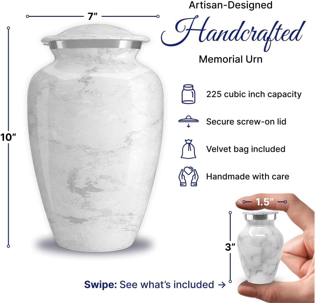 Set of 6 Custom Engraved Cremation Urns for Human Ashes Includes 1 Large Urn with 4 Small Keepsakes & 1 Silver Necklace - White Marble