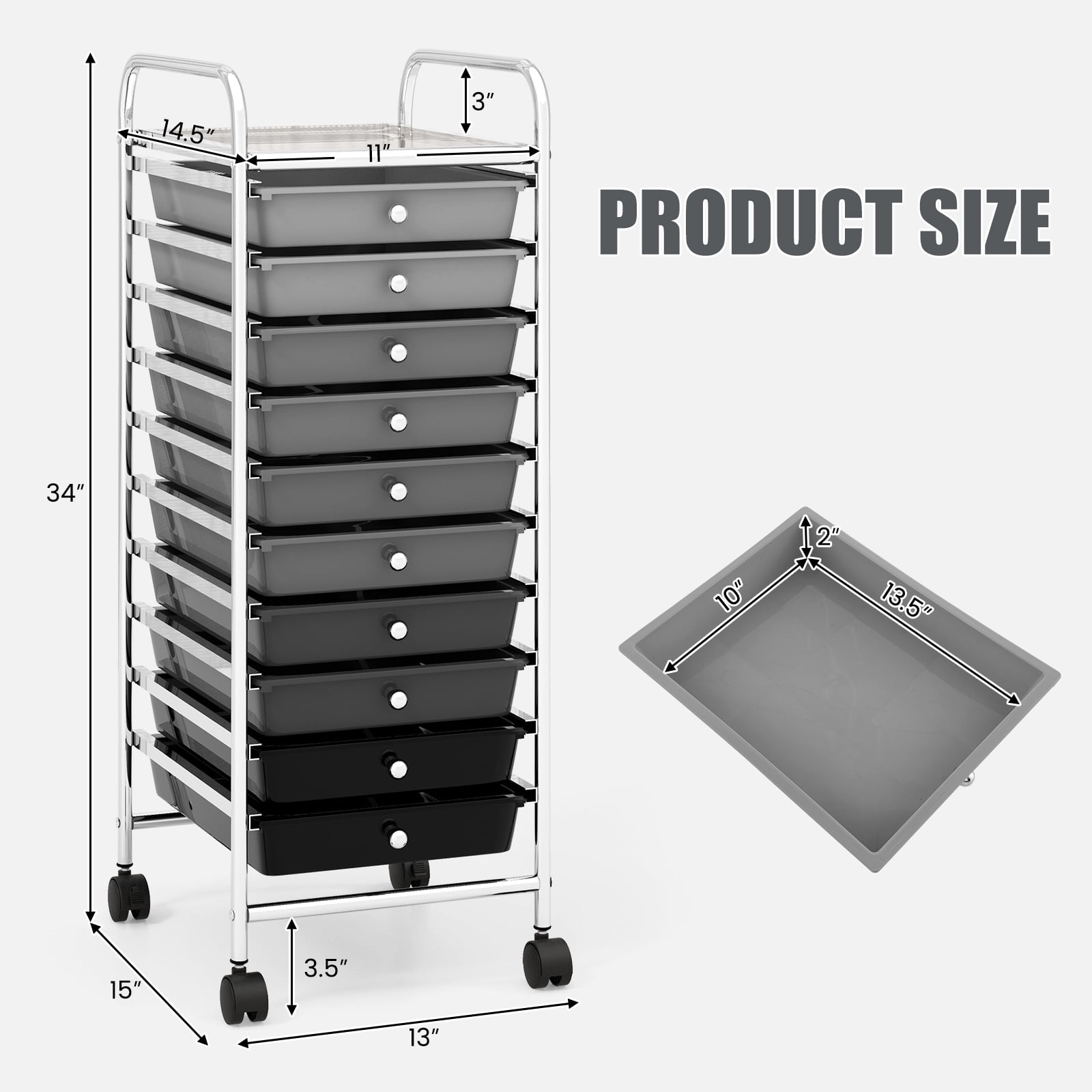 Costway Art & Craft Storage Carts with 10 Removable Drawers Mental Frame & 4 Wheels Gradient Black