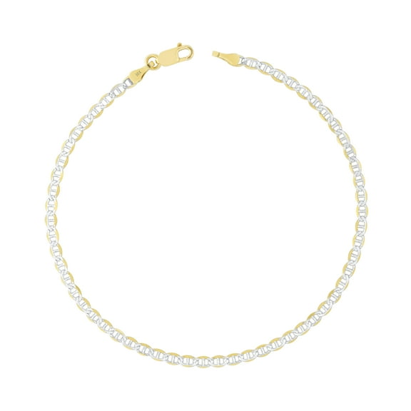 Nuragold 10k Real Yellow Gold Solid Mariner 2.5mm Anchor Chain Pave Diamond Cut Bracelet or Anklet (7"-9") Two Tone Italian Jewelry for Men & Women