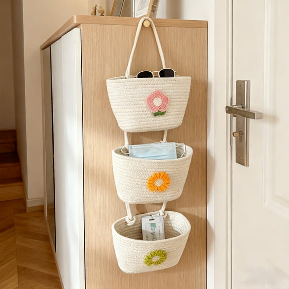 Three Tier Wall Mount Storage Organizer Cotton Hanging Basket for Bedroom Living Room Entryway Decor 1-Pack