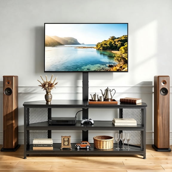 KFFKFF TV Stand with Mount & LED for TVs up to 75", 45.3" Entertainment Centre with Power Outlet, 40° Swivel, Suits Living Room, Bedroom, Black
