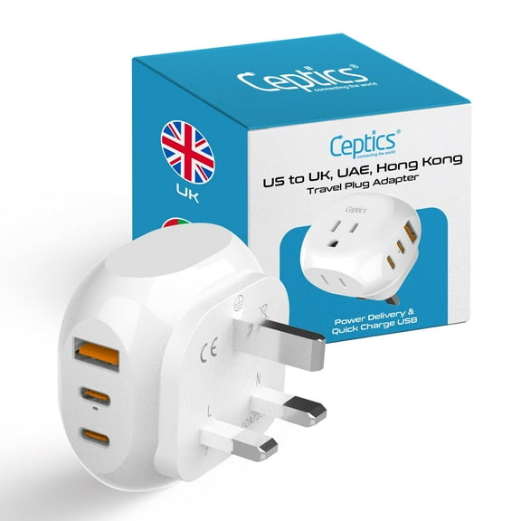 Ceptics UK, Ireland Travel Plug Adapter - 5 Input with 20W PD-QC 3.1A Dual USB-C and USB - Light Weight - USA to Any Type G Countries Such as Hong Kong, England and More (PTU-7), White