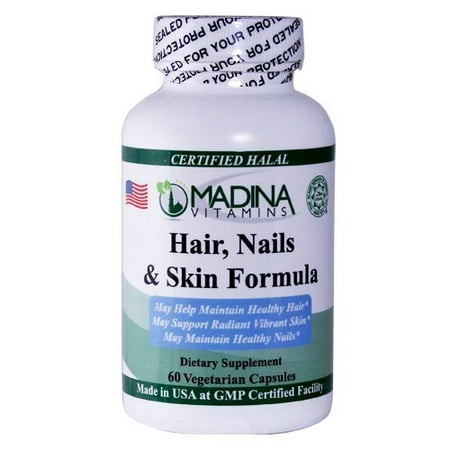 Madina Vitamins Hair, Nails & Skin Vitamins with Zinc, Biotin and Vitamin A, B, C & E (60 Veggie Capsules Daily Supplements) Made in USA - Halal