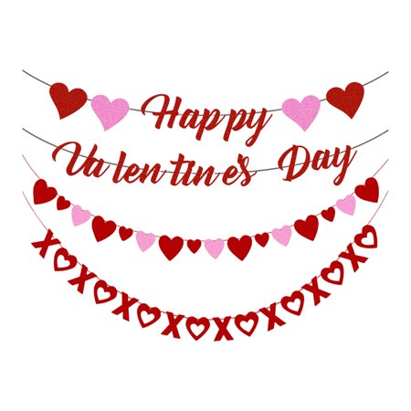 4pcs Valentines Day Decorations Red Heart Garland Banner Galentines Day Decorations Pre-Strung Heart Garland Hanging Hearts Decorations for Valentine Decor
