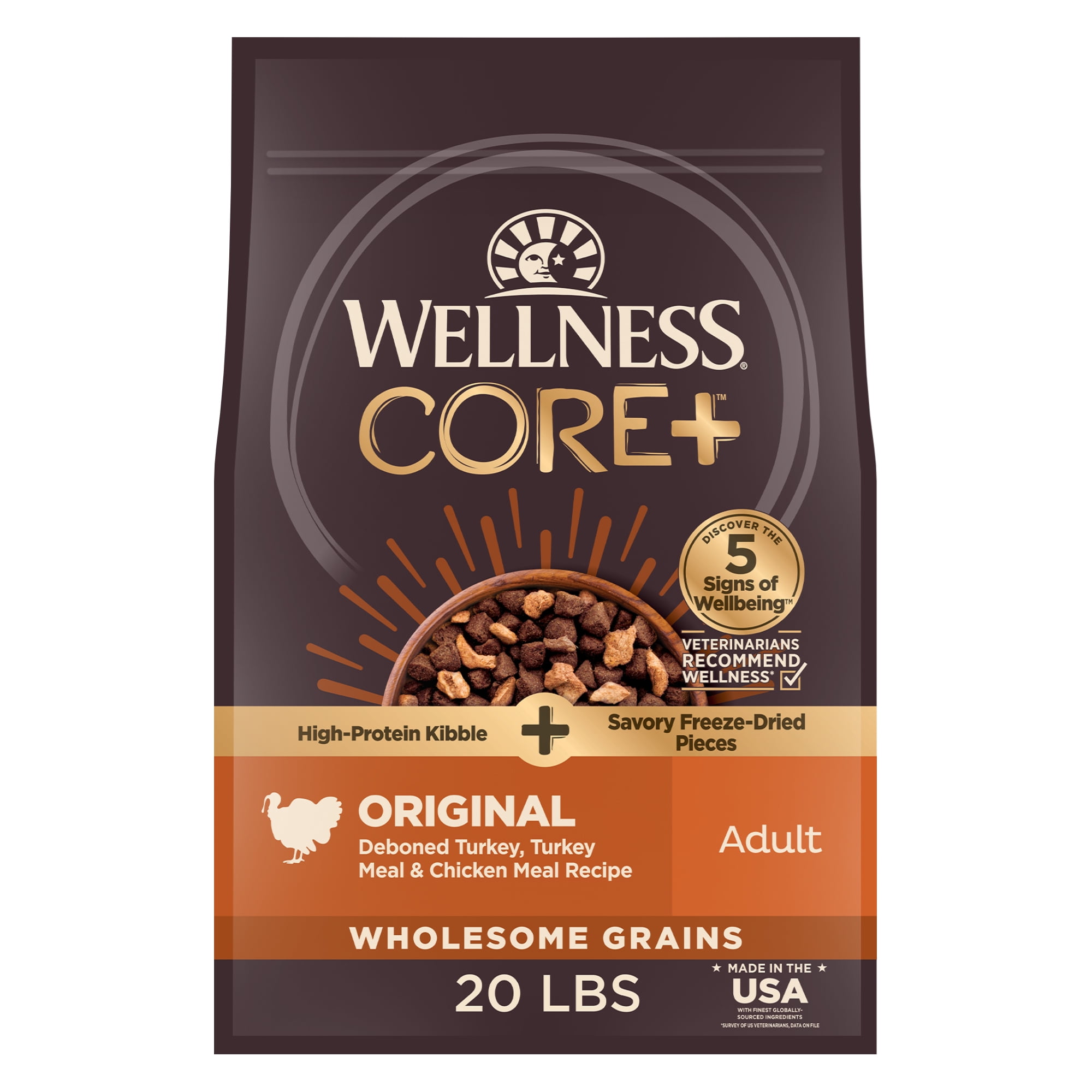 Wellness CORE+ Dry Dog Food with Freeze Dried Pieces, Wholesome Grains, High Protein, Natural, Original Turkey & Chicken Recipe, (20-Pound Bag)