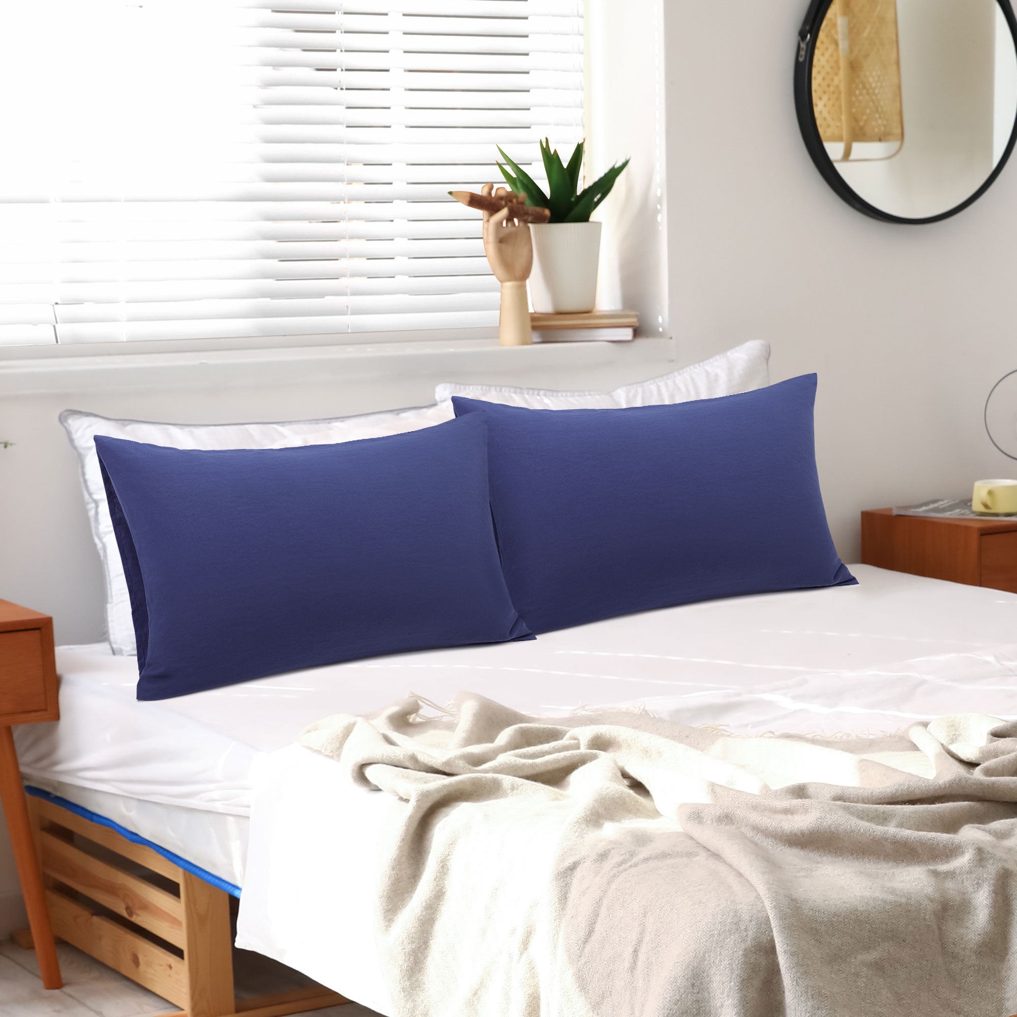Unique Bargains 2Pcs Envelope Closure Washed Microfiber Pillowcases King Navy Blue