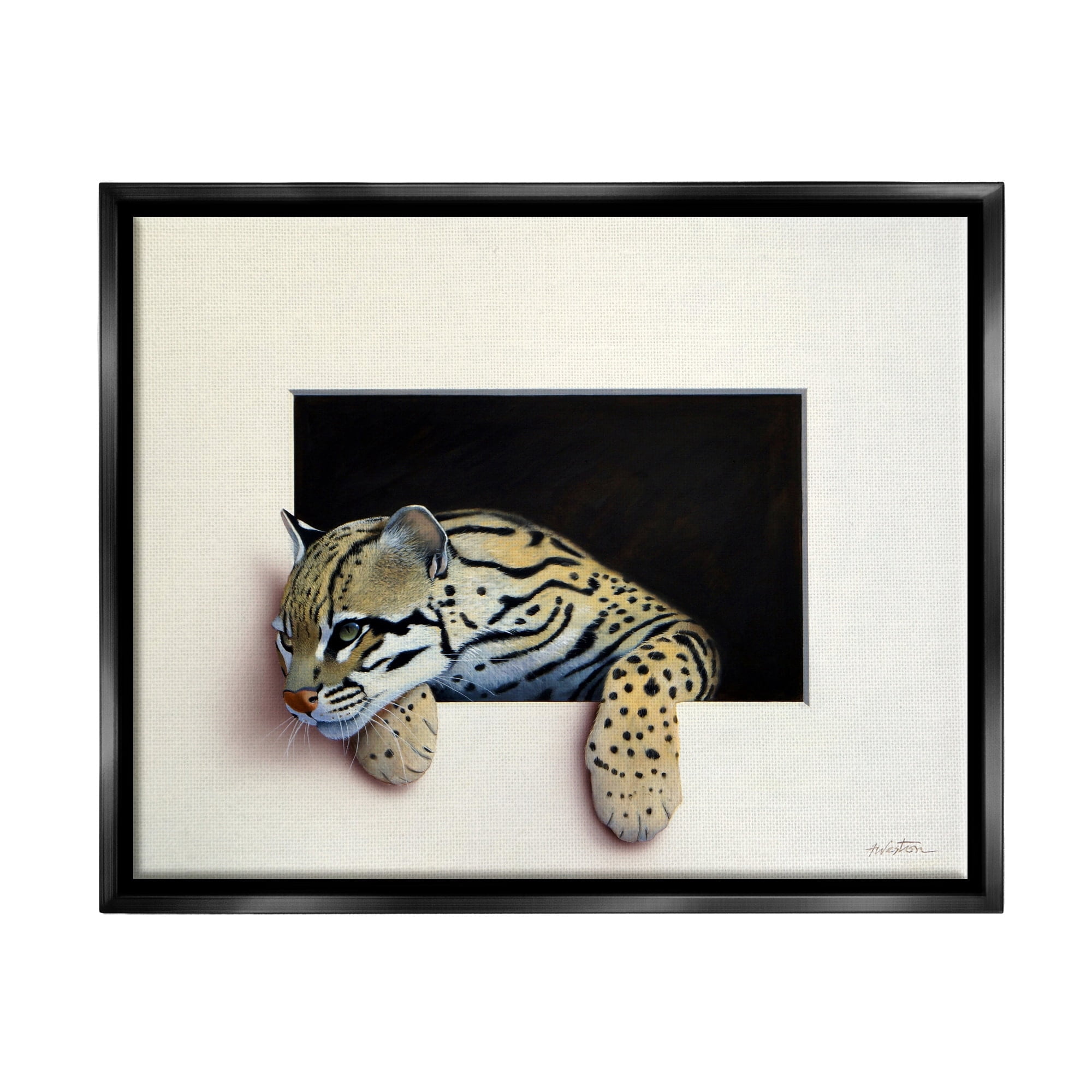 Stupell Industries Wildlife Ocelot Resting Paws Cutout Illusion Painting Jet Black Floating Framed Canvas Print Wall Art, Design by Alan Weston
