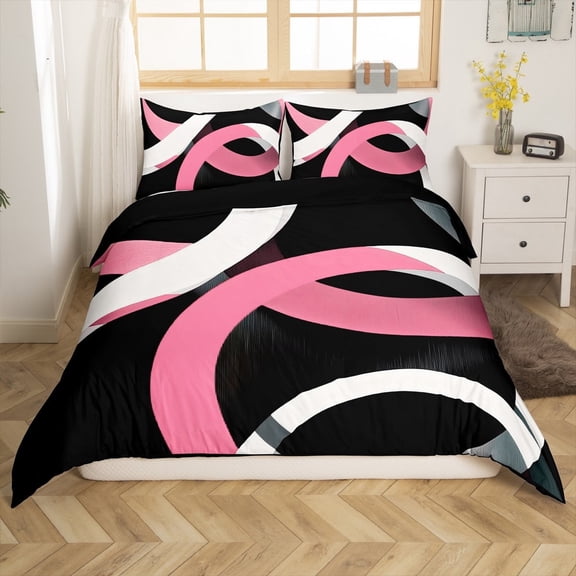 Erosebridal Abstract Stripes Comforter Cover Twin,Geometric Circle Bedding Twin Size,Black Pink Duvet Cover Twin,Super Cozy Round Room Decorative(No Comforter),Reversible,3pcs