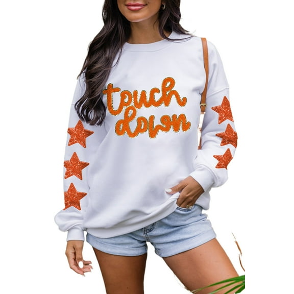 Women's Beige Star Sleeve Glittering Touch Down Patched Pattern Sweatshirt - [ZhiHiMeRi] | (US 20-22)2XL