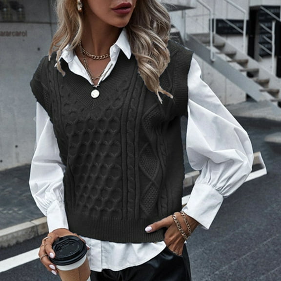 Pxiakgy Ladies College Style Knitted Sweater Vest Sleeveless V-Neck Retro Vest Black L