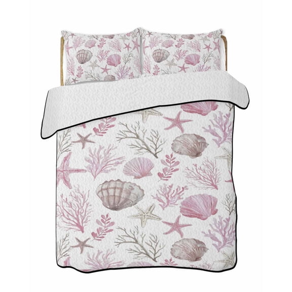Quilts King Size Bedding Set, Pink Coastal Lightweight Quilted Comforter, Beach Nautical Starfish Coral Seashells Soft Reversible Bedspread Coverlet with Pillow Covers for All Season, 96" x 106"