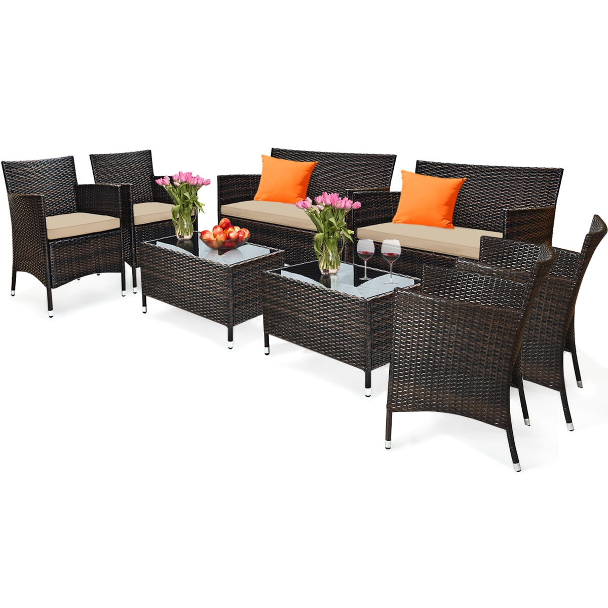 Gymax 8-Piece Patio Rattan Outdoor Furniture Set with Cushioned Chair Loveseat Table in Brown