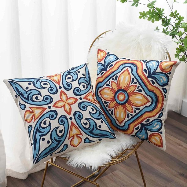 Fundas de cojines Funda de almohada decorativa azul Juego de 4 fundas de cojines bohemios de lino 18 X 18 pulgadas para sofá Cama de coche Sala de estar