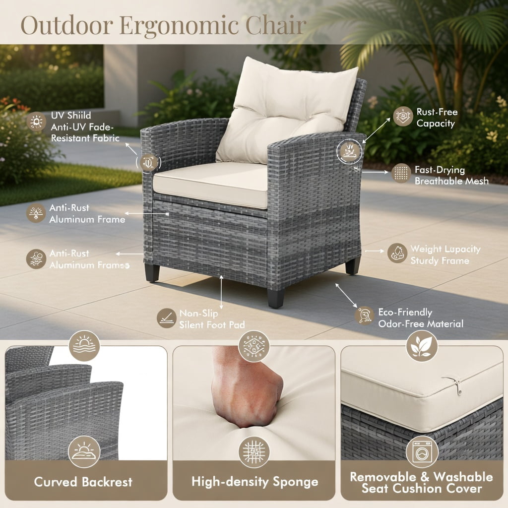 Hommoo 3-Piece Outdoor Wicker Conversation Set, PE Rattan Sofa & Tempered Glass Coffee Table with Weather-Resistant Cushions, White