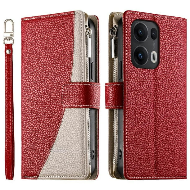 Funda cartera GANGXUN para OPPO Reno 13 Pro , cuero PU con tarjetero, cremallera, correa de mano, soporte y protección 737°