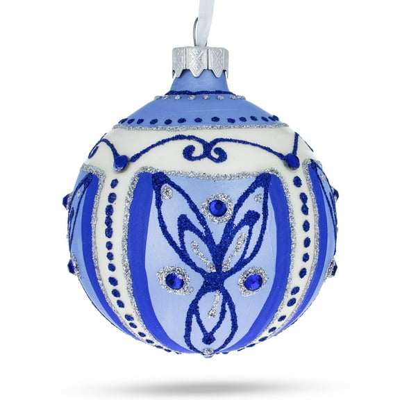 Blue Leaves Glass Ball Christmas Ornament 3.25 Inches