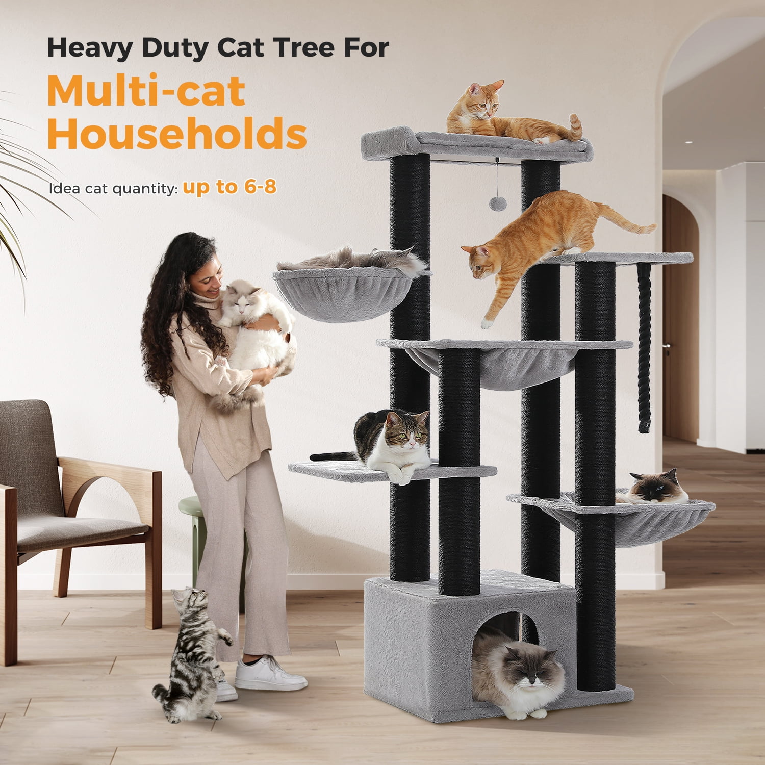 PEQULTI 67" Multi-Level Cat Tree with Super Large Scratching Posts Cat Tower with 3 Hammocks Black