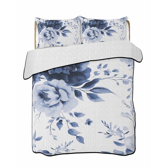 Quilts King Size Bedding Set, Blue Floral Art Lightweight Quilted Comforter, Watercolor Botanical Spring Flowers Soft Reversible Bedspread Coverlet with Pillow Covers for All Season, 96" x 106"