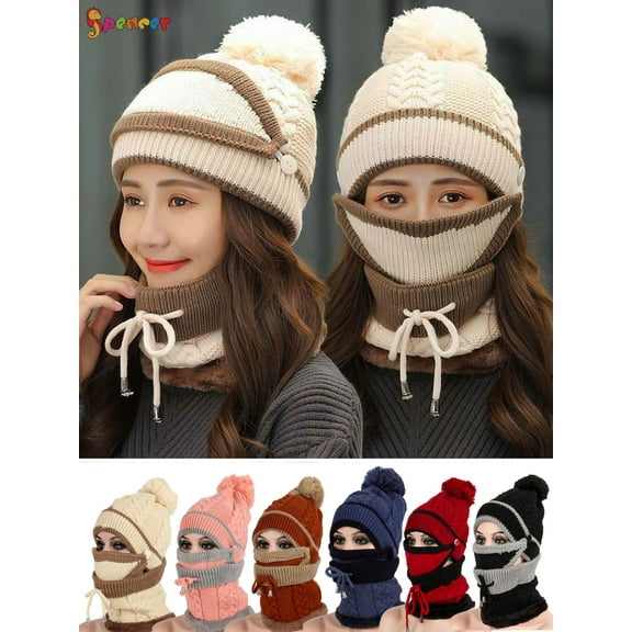 Spencer 3 in 1 Women Winter Warm Knitted Beanie Pompom Hat Cap Scarf Neck Warmer Face Cover Set for Outdoor Activities (Beige)