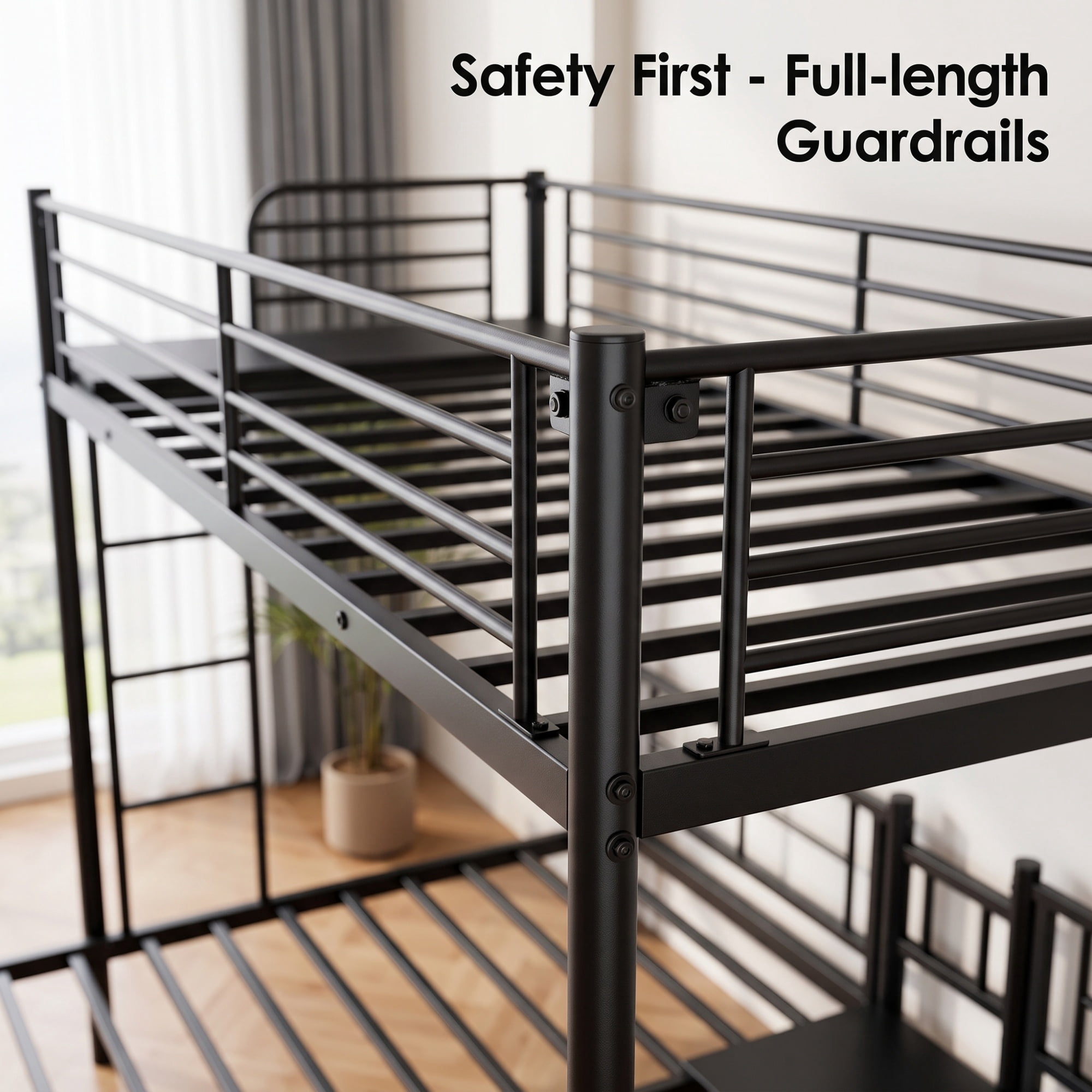 GARITIN Triple Bunk Bed for 3 People Twin XL Over Twin Size, Sturdy Metal Frame with Full Guardrail, Includes Ladder and Storage Shelf, Space Saving Bedroom Furniture, Black
