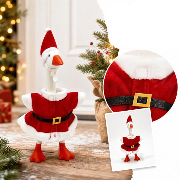 Christmas Porch Goose Outfit with Santa Claus Design and Black Belt, 7 Inch, Red and White, for Standard Goose Statues, Decoration