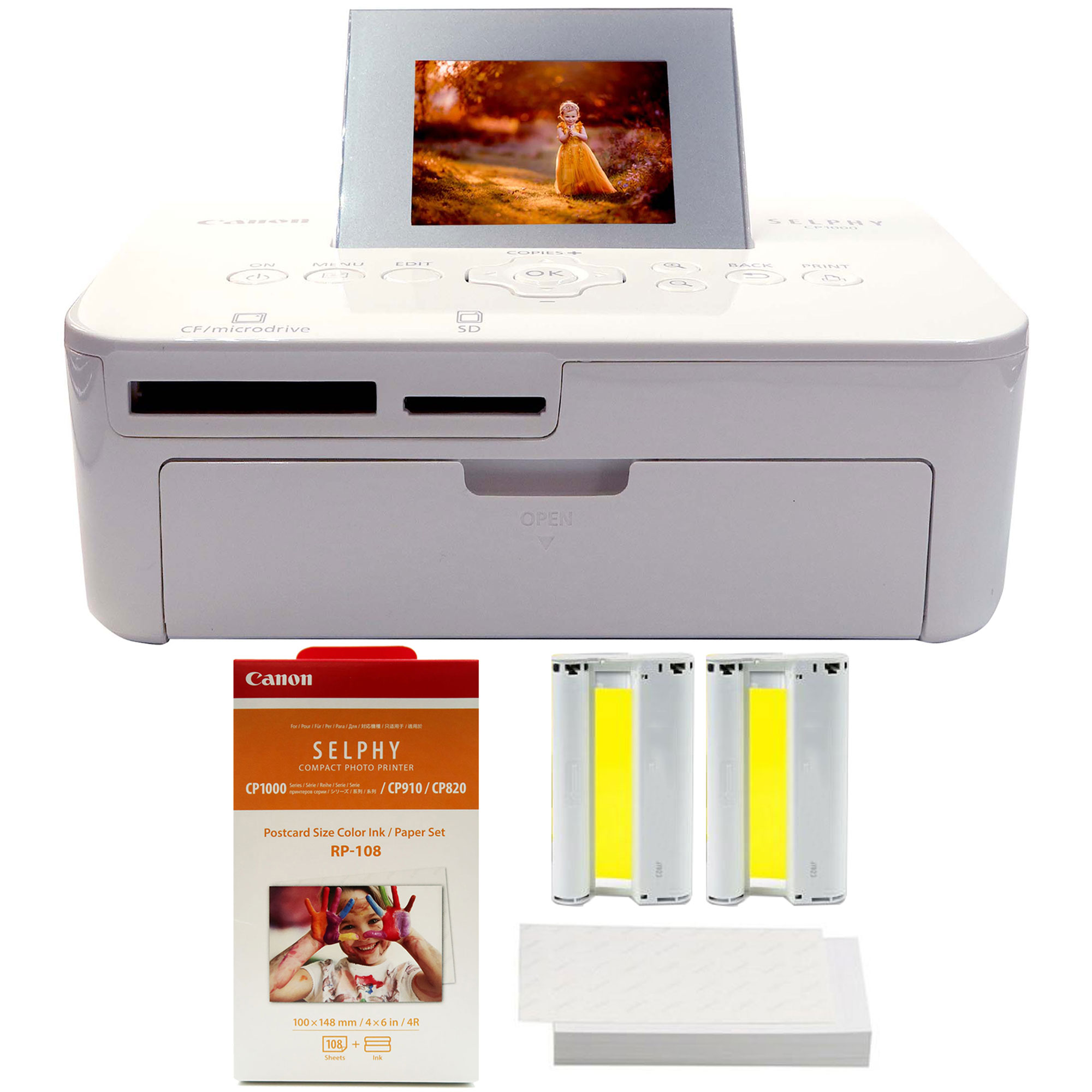 Canon Selphy Cp1000 Compact Photo Printer White With Canon Rp 108 Ink And Paper Set 9016