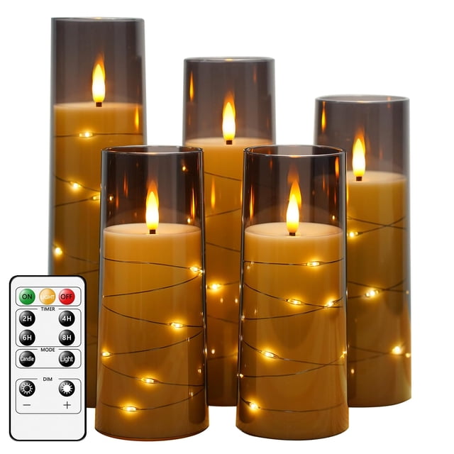 Velas LED sin llama kakoya con temporizador, 5 unidades con guirnalda de luces