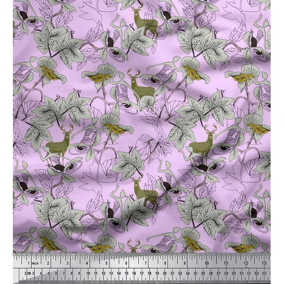Soimoi Georgette Viscose Fabric Leaves,Women & Reindeer Animal Printed Craft Fabric by The Yard 42 Inch Wide