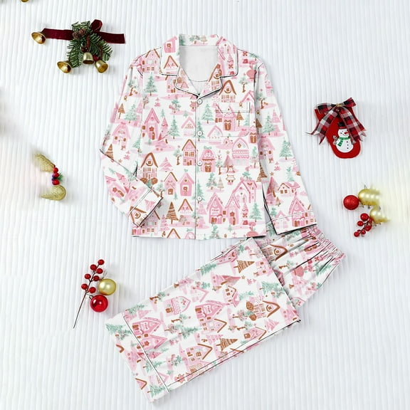 HOMBOM Christmas Pajamas for Women 2 Piece Set Loungewear Comfy Pink Long Sleeve and Pants Button up Womens Pjs Festive