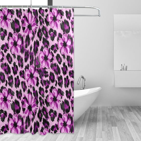 Yayeee Shower Curtain with Hooks 72"x72" Waterproof Fabric Bathroom Hanging Decor, Purple Floral Leopard Pattern