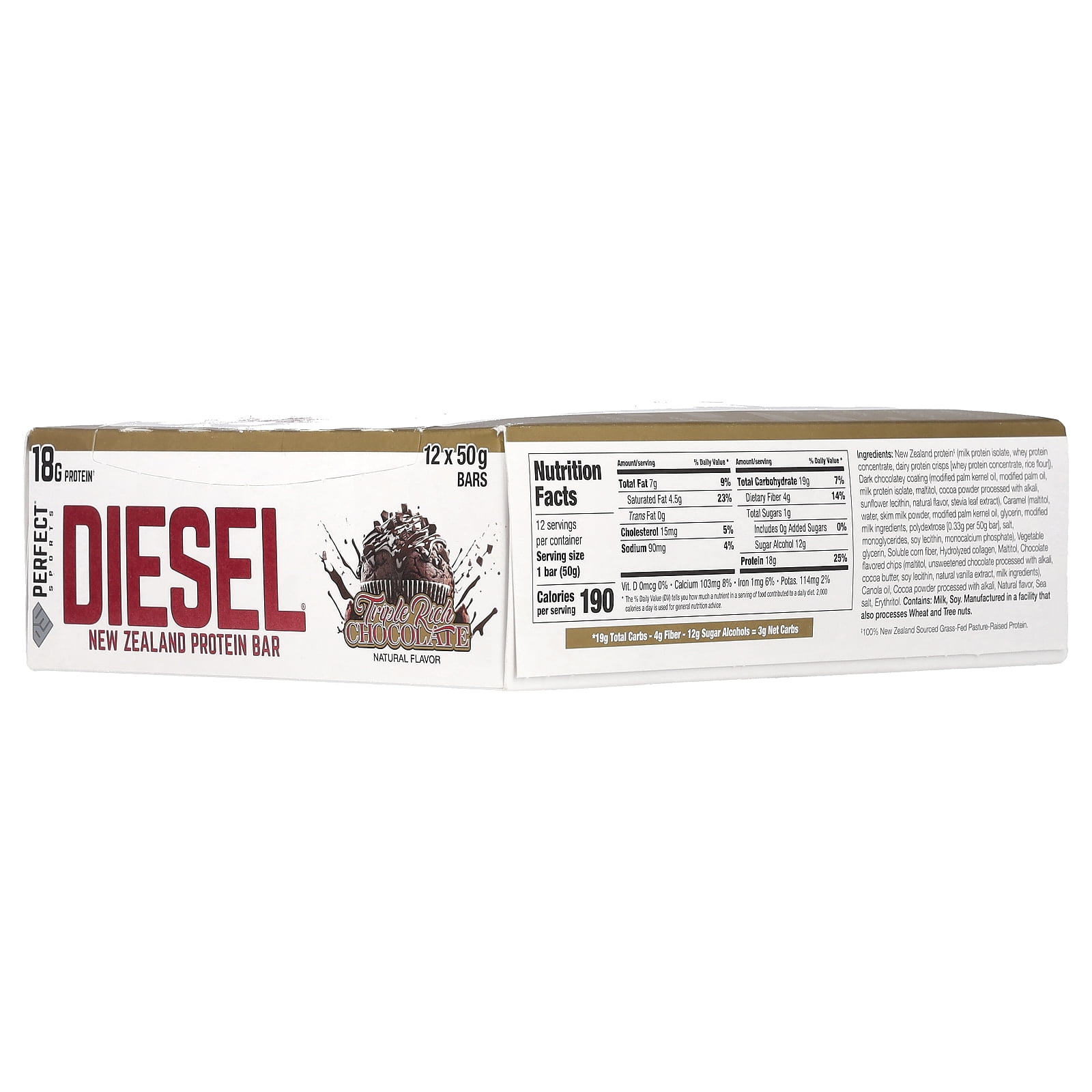 PERFECT Sports Diesel, New Zealand Protein Bar, Triple Rich Chocolate, 12 Bars, 50 g Each