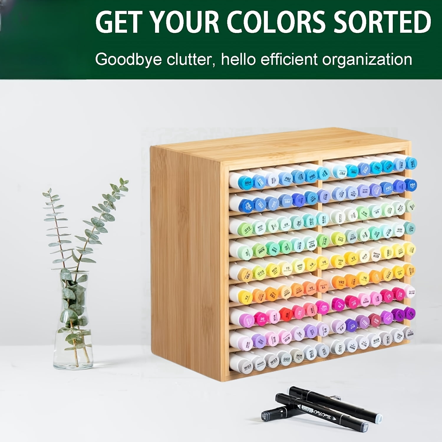 Hangfan Bamboo Marker Pen Storage Rack With 18 Compartments For 126 Marker Pens And Fountain Pens, Wooden Desktop Organizer For Artists