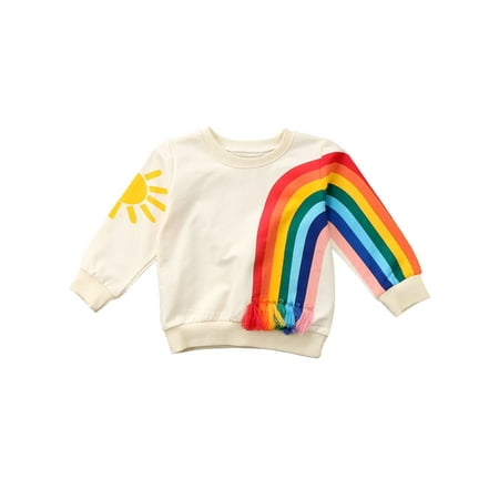 

Canrulo Toddler Baby Girls Kids Rainbow Tassel O-Neck Long Sleeve Sun Print Cotton Suit Light Yellow 1-2 Years