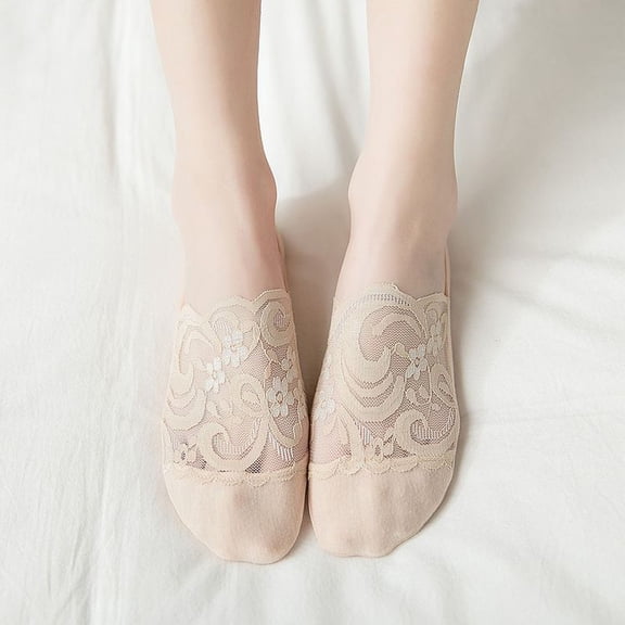 GZWYHT No Show Socks,Cute Socks Womens Cotton Blend Lace Antiskid Invisible Low Cut Socks Toe Ankle Sock Flat Socks,Socks for Women, Beige