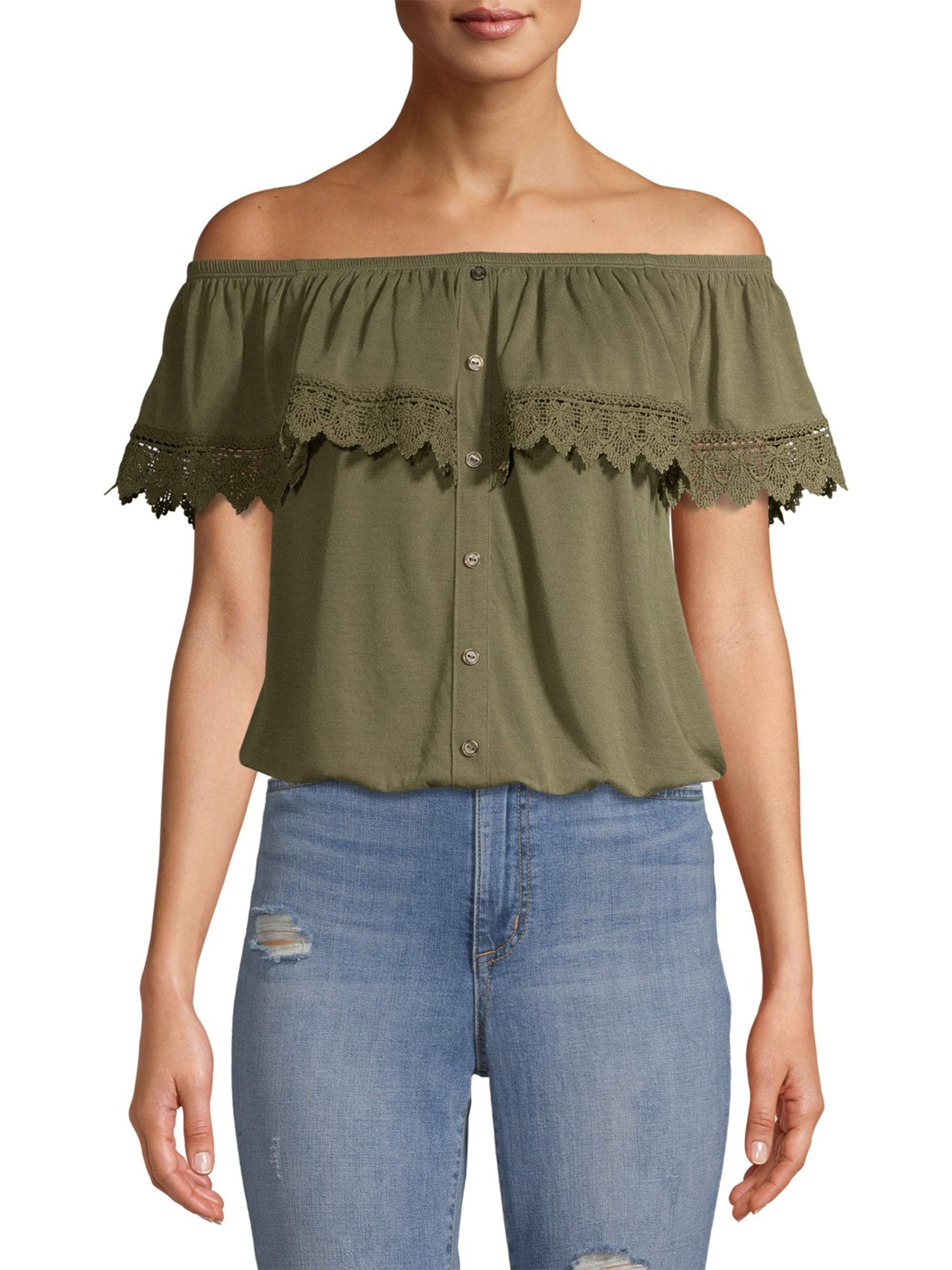 No Boundaries No Boundaries Juniors' OfftheShoulder Button Front